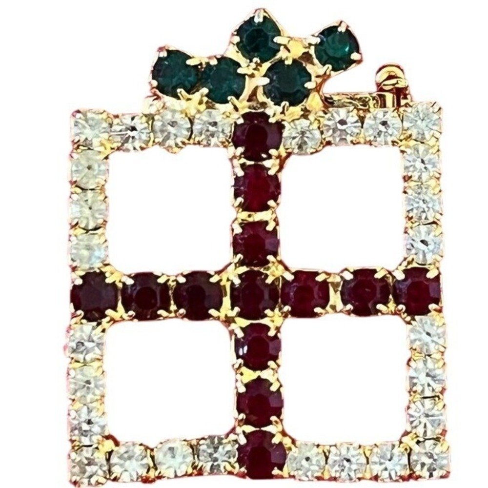 Vintage Rhinestone Christmas Present Gift Box Brooch Pin Red Green Gold Tone